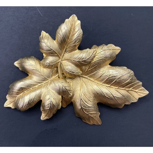 Vintage Triple Leaf Brooch Matte Gold Tone Statement Piece 3” Pin - Picture 2 of 7